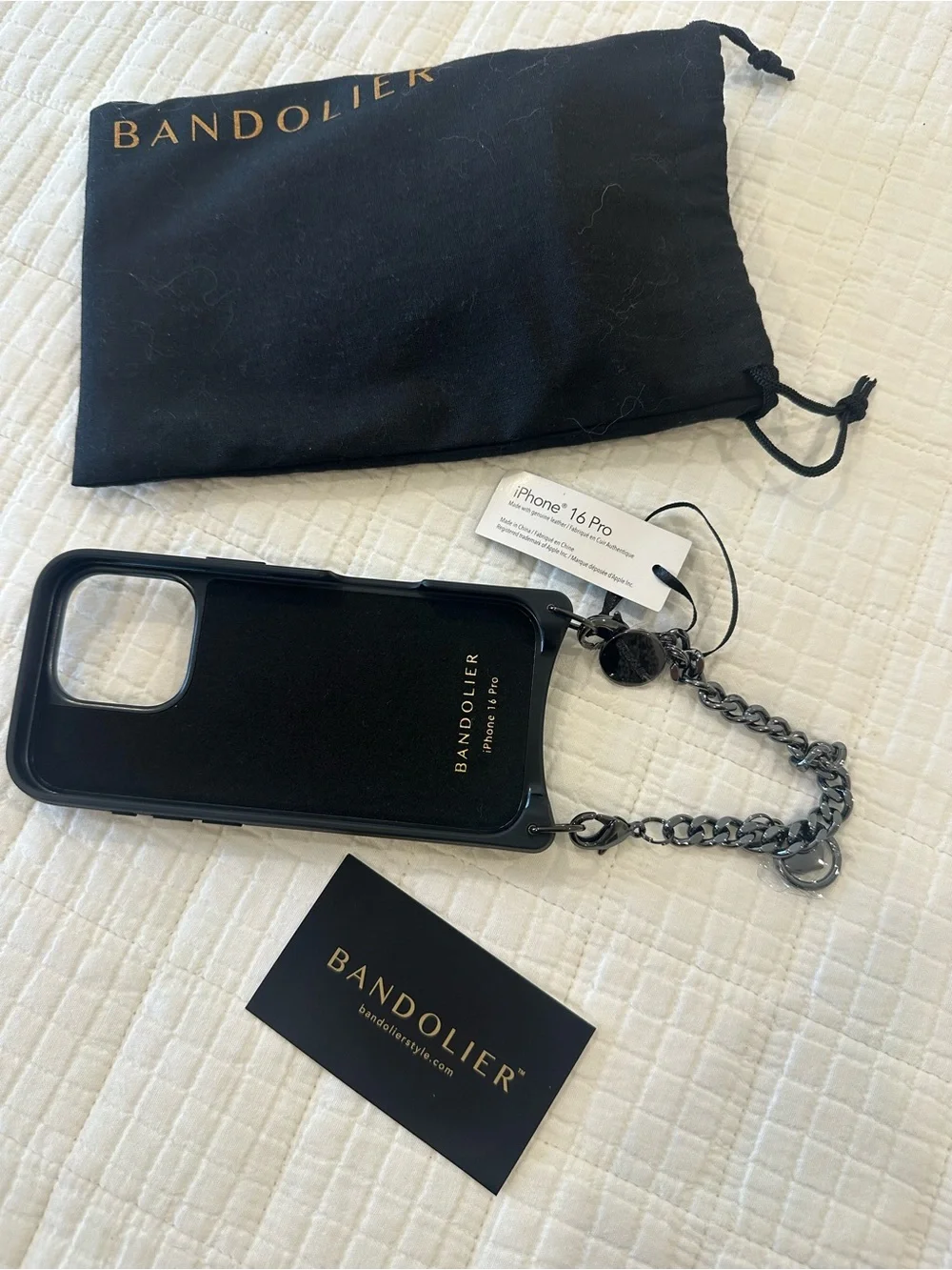 Bandolier Black Leather Card Pocket Phone Case with Chain Strap